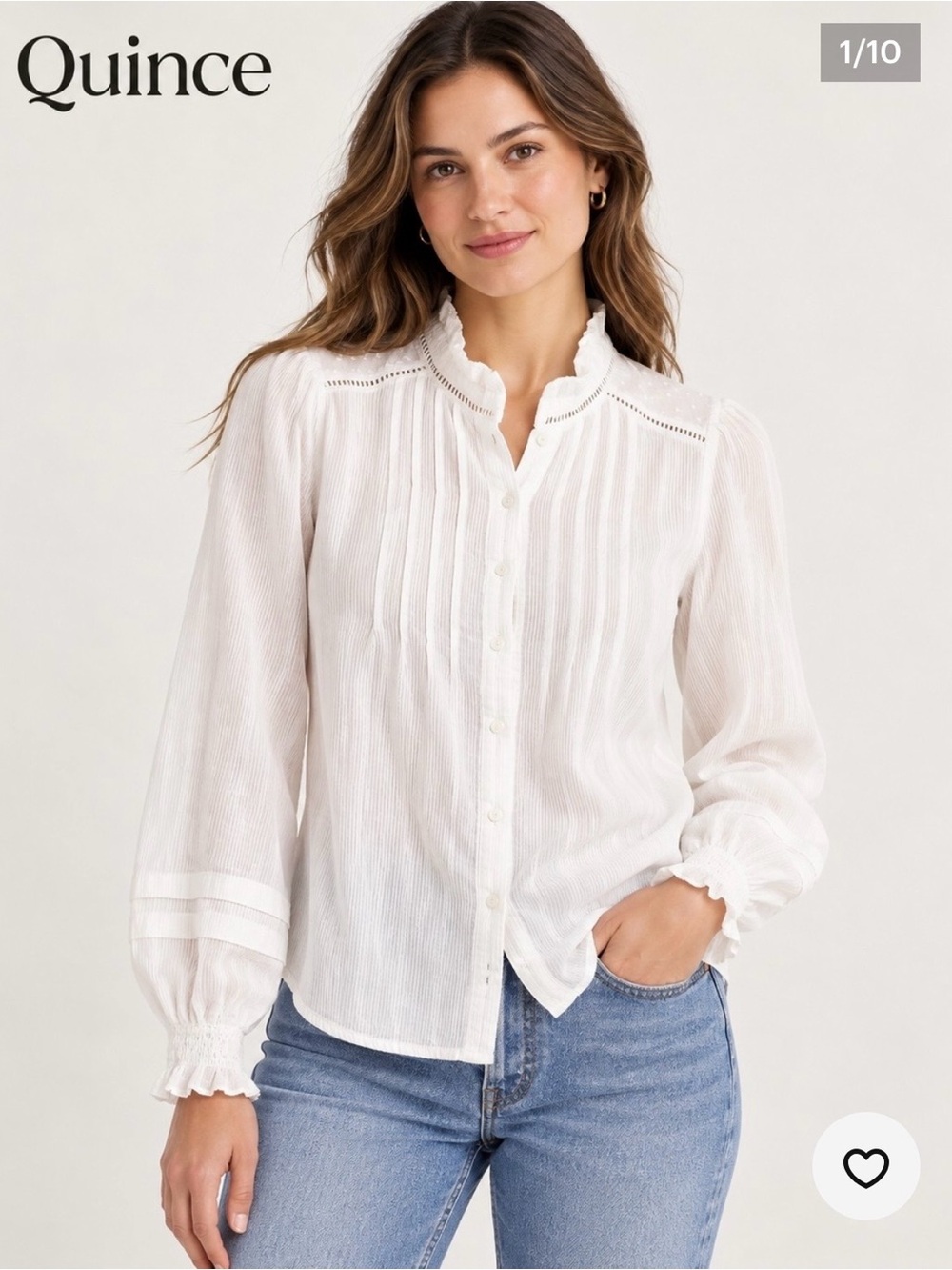 Quince White Pintuck Ruffle-Neck Button Down Blouse